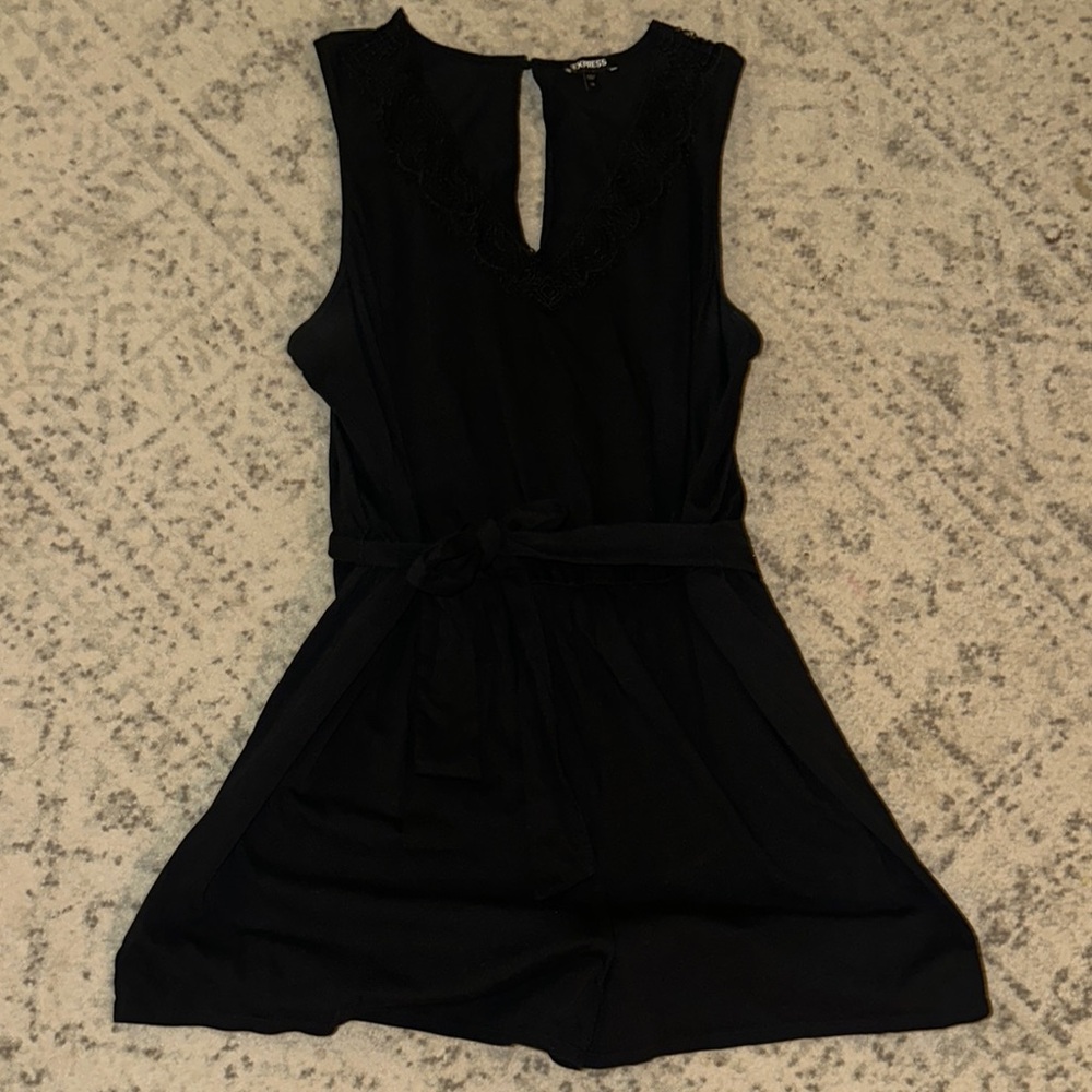 Express Black crotchet Lace-Trimmed Romper with Belted waist